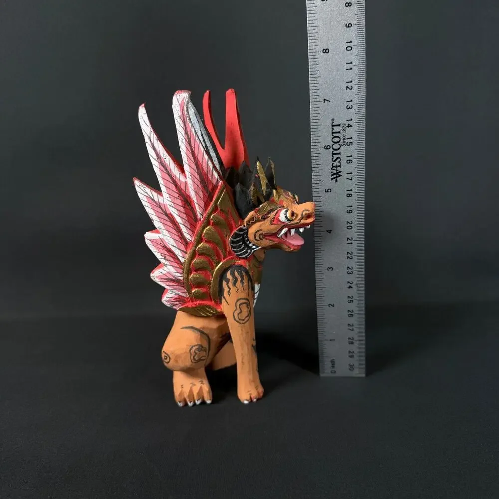 Winged Lion Statue Wood Carving Sculpture Bali Art 7.5